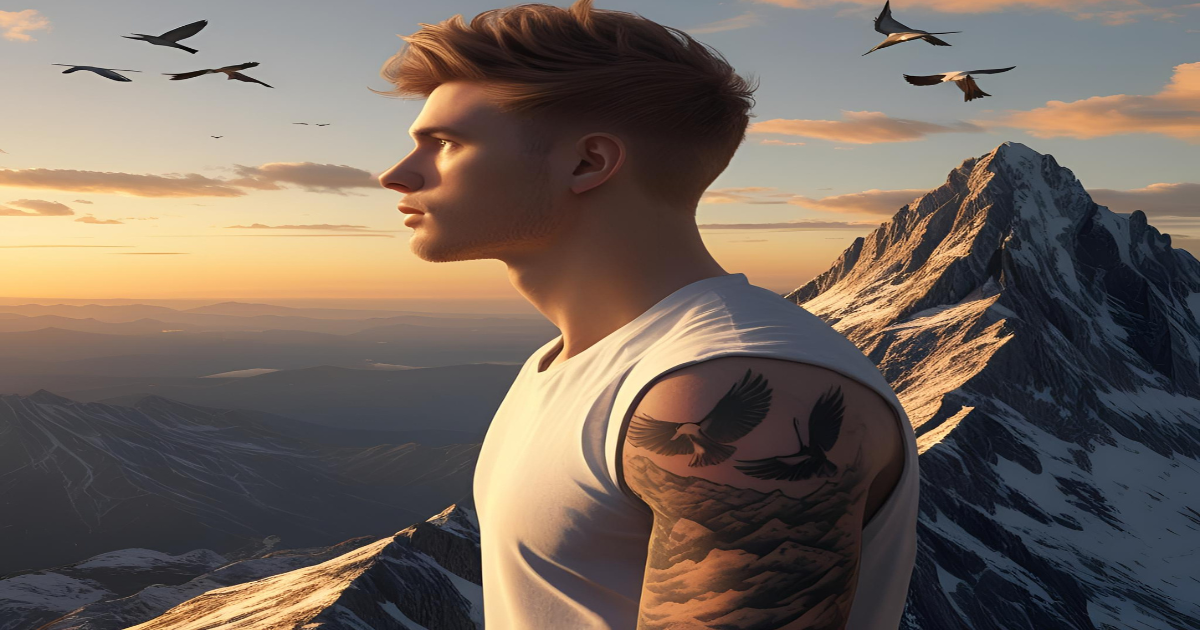 Pessoa olhando o horizonte no topo de uma montanha, tatuagem visível no braço com pássaros em voo, luz dourada do pôr do sol, estilo realista.