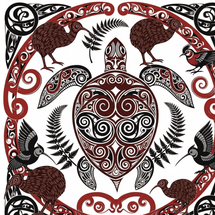Tatuagem tribal de tartaruga, tucanos e folhagens em estilo Maori, com detalhes em preto, vermelho e branco, ideal para tatuagens artísticas e culturais no Brasil.