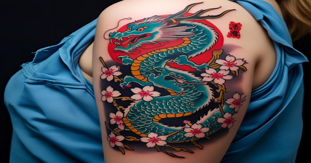 Arte tradicional japonesa Irezumi, em close detalhado no braço de um tatuado, com dragão e flores de cerejeira, cores vibrantes, iluminação de estúdio.