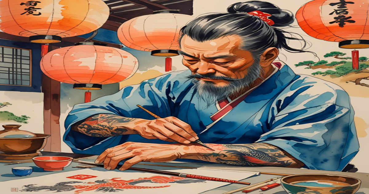 Antigo mestre tatuador japonês aplicando Irezumi no estilo tradicional, fundo com lanternas de papel e gravuras ukiyo-e.