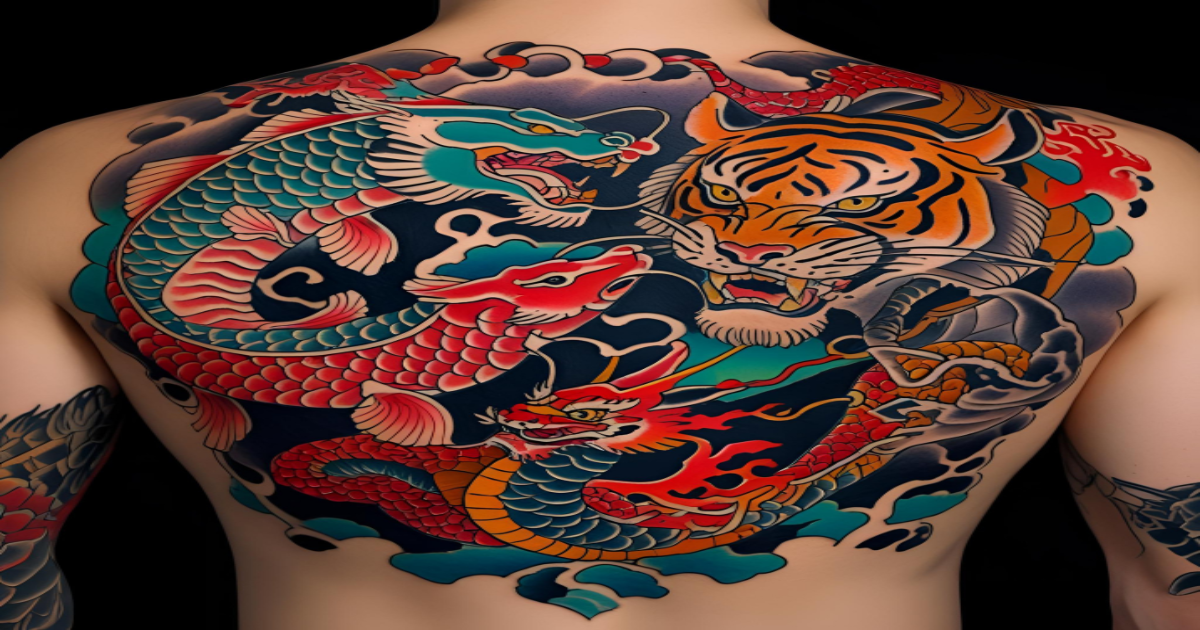 Composição de tatuagem oriental com carpa, dragão, tigre, serpente e fênix, cobrindo as costas, cores intensas, estilo tradicional japonês.