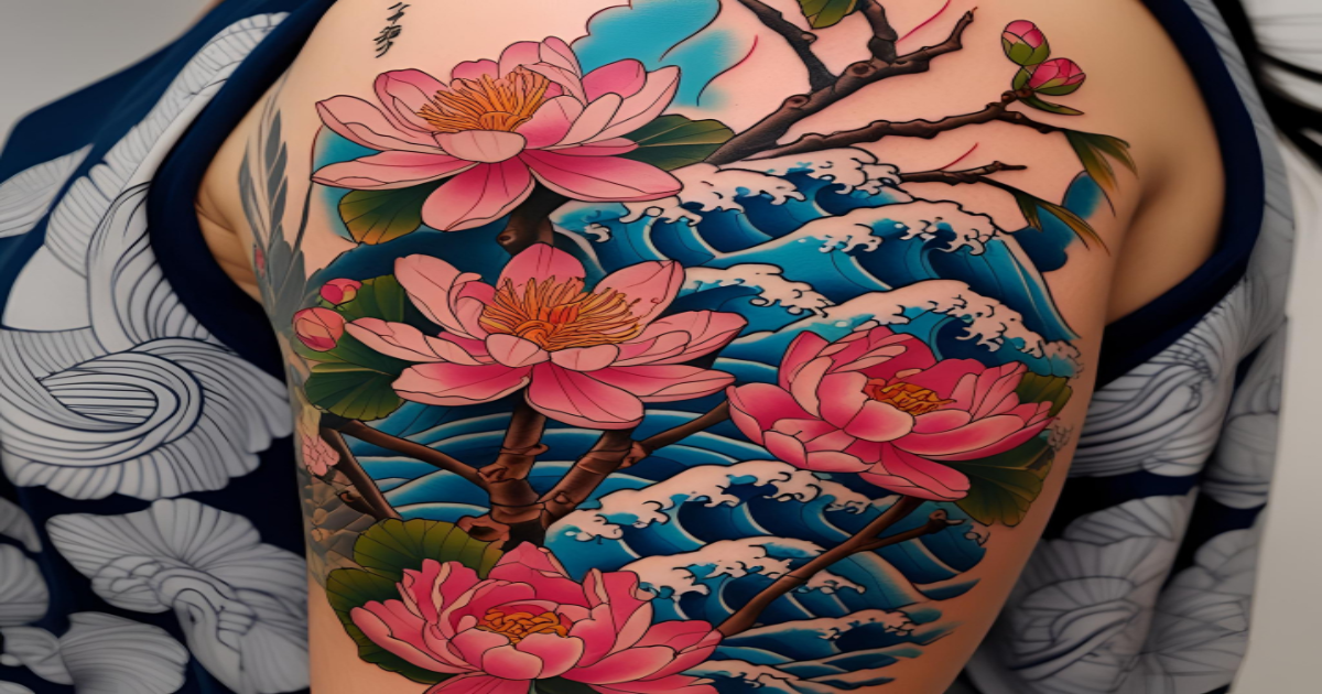Close de tatuagem oriental no braço, com flores de cerejeira, lótus e peônias, fundo com ondas japonesas, traço fino e cores vivas.