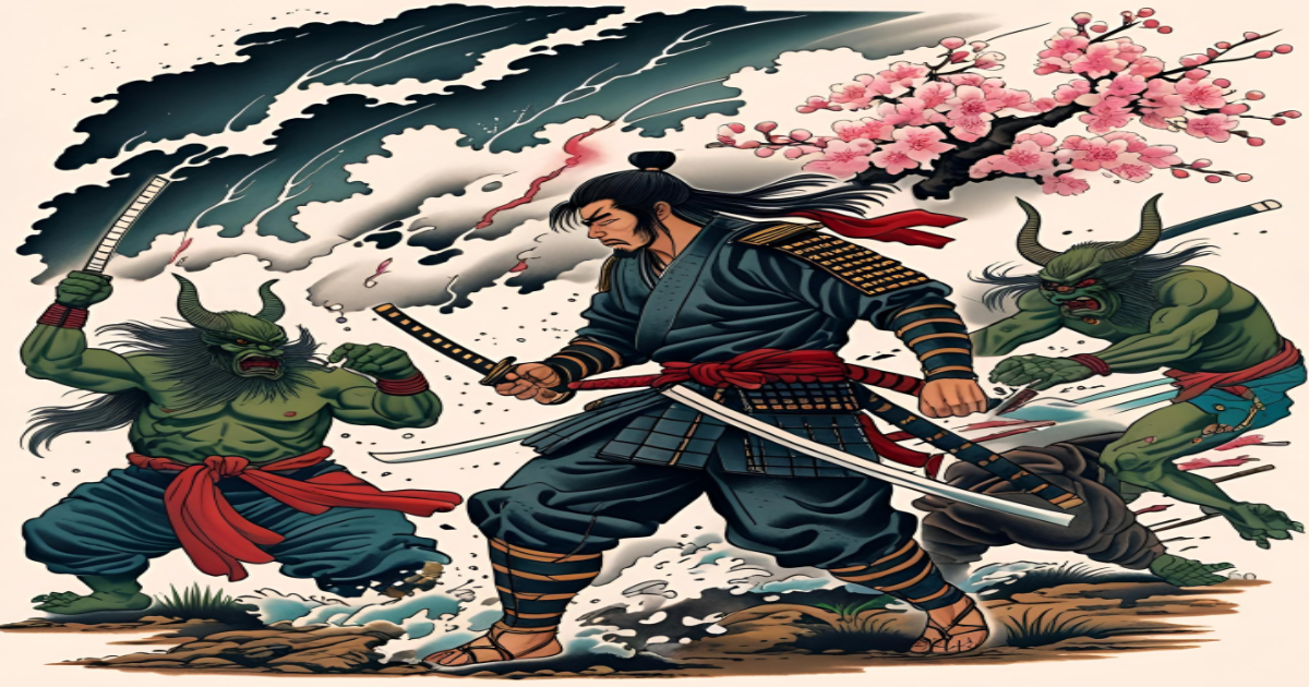 Tatuagem de samurai em batalha com oni, cenário de tempestade e flores de cerejeira ao vento, estilo Irezumi.