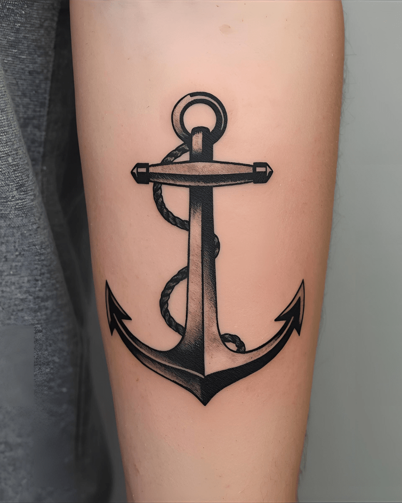 Tatuagem masculina no braço de âncora clássica.   Close-up. Sem texto na imagem.