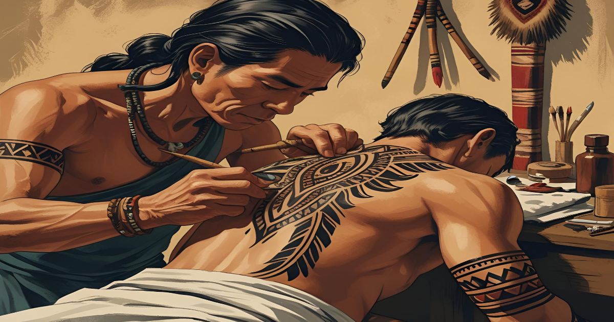 arte renderizada de um ancestral aplicando tatuagem tribal com instrumentos tradicionais, enfatizando o contexto cultural.