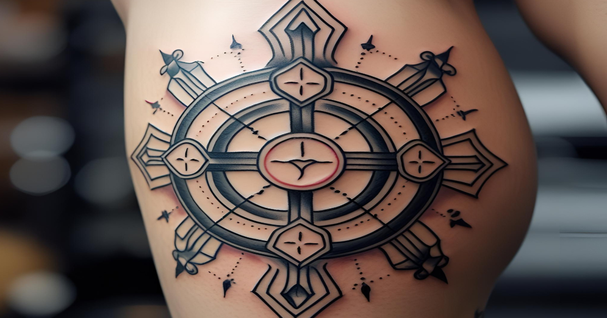 close em perna tatuada com símbolos de proteção, acompanhada de elementos sutis que reforcem a noção de cuidado e força.