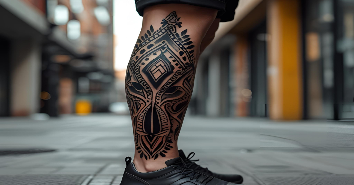 fotografia estilizada de perna tatuada em ambiente urbano, mesclando contexto contemporâneo com arte tribal visível.