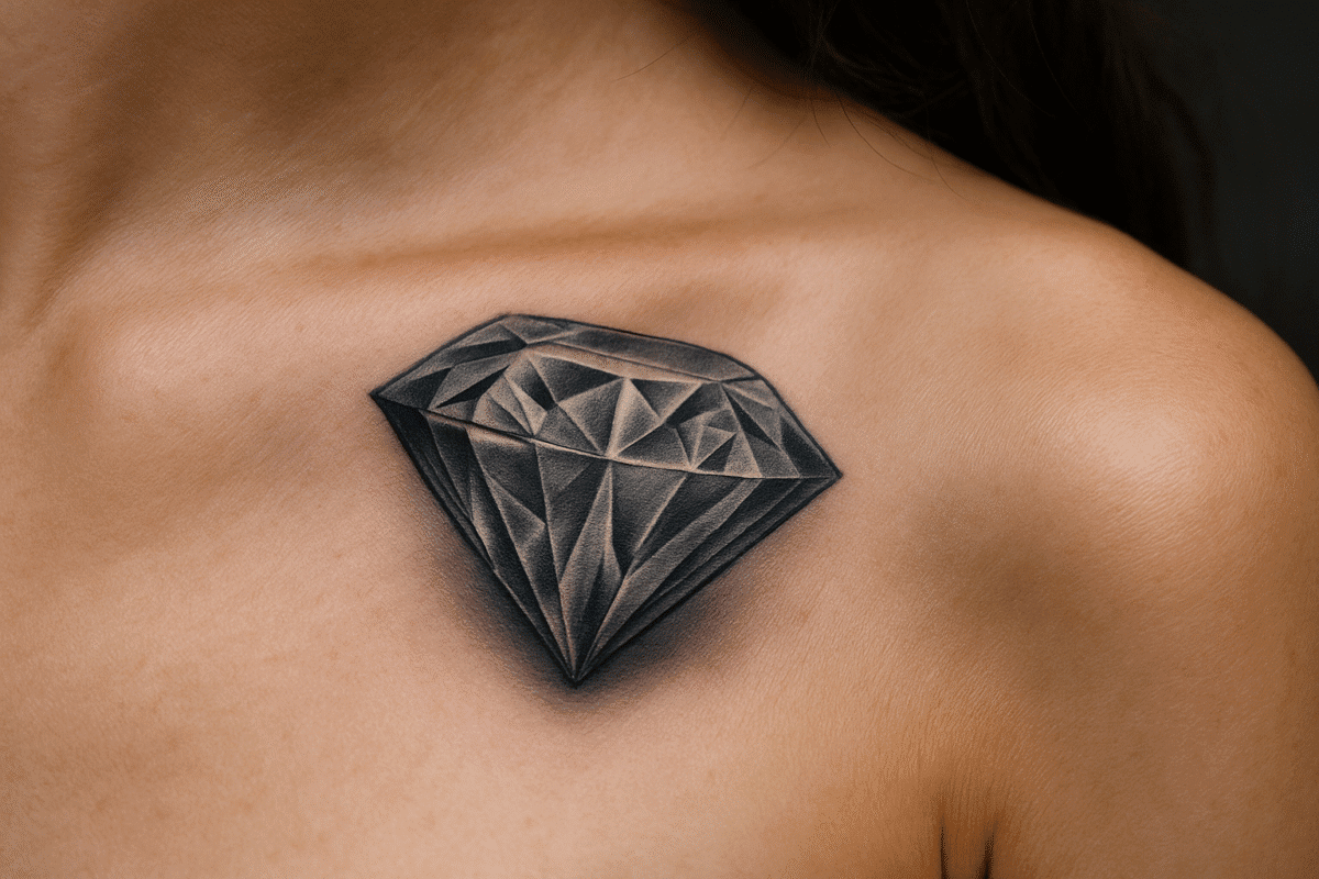 tatuagem diamante sobre pele, simbolizando força interior, clareza emocional e transformação pessoal