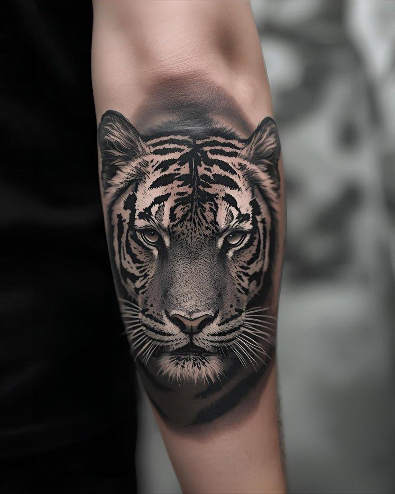 Tatuagem masculina no braço de um tigre realista.