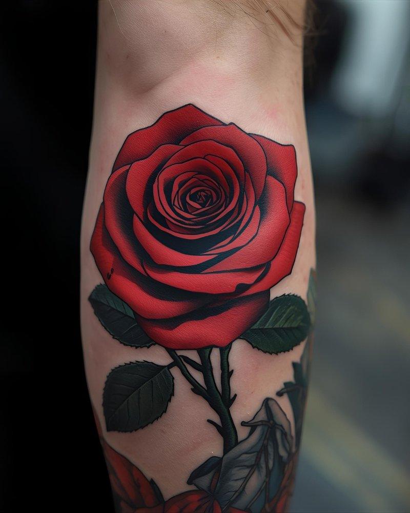 Tatuagem masculina no braço, de uma rosa no cotovelo.