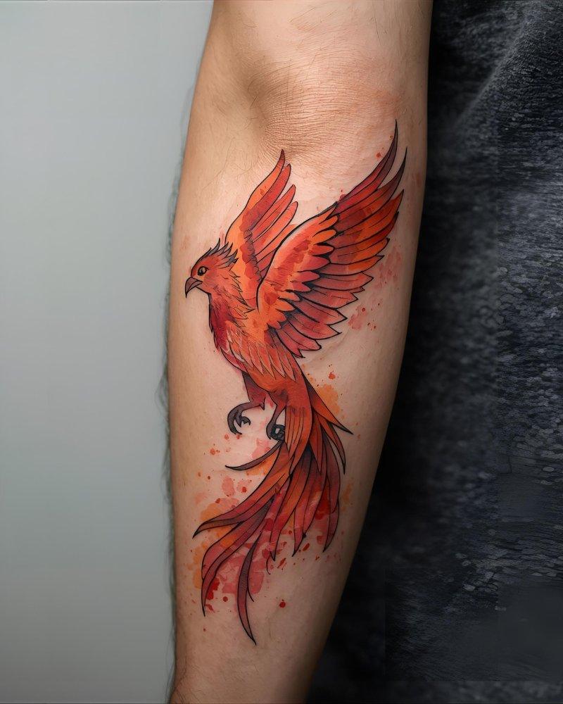 Tatuagem masculina no braço de uma fênix.