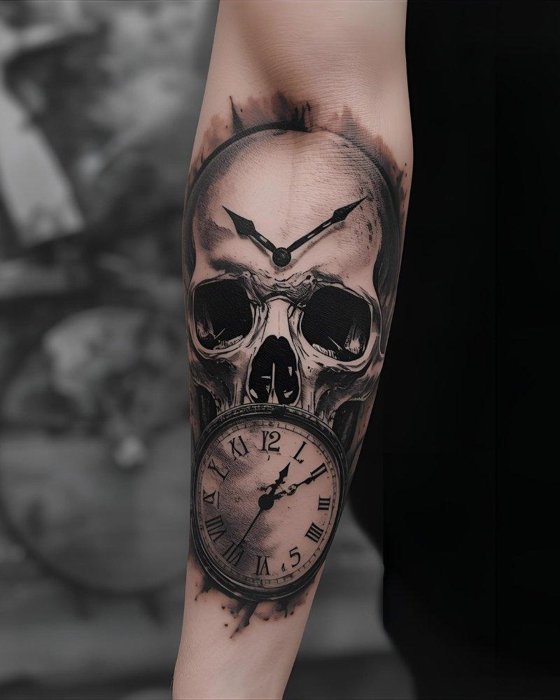 Tatuagem masculina no braço com caveira e relógio.