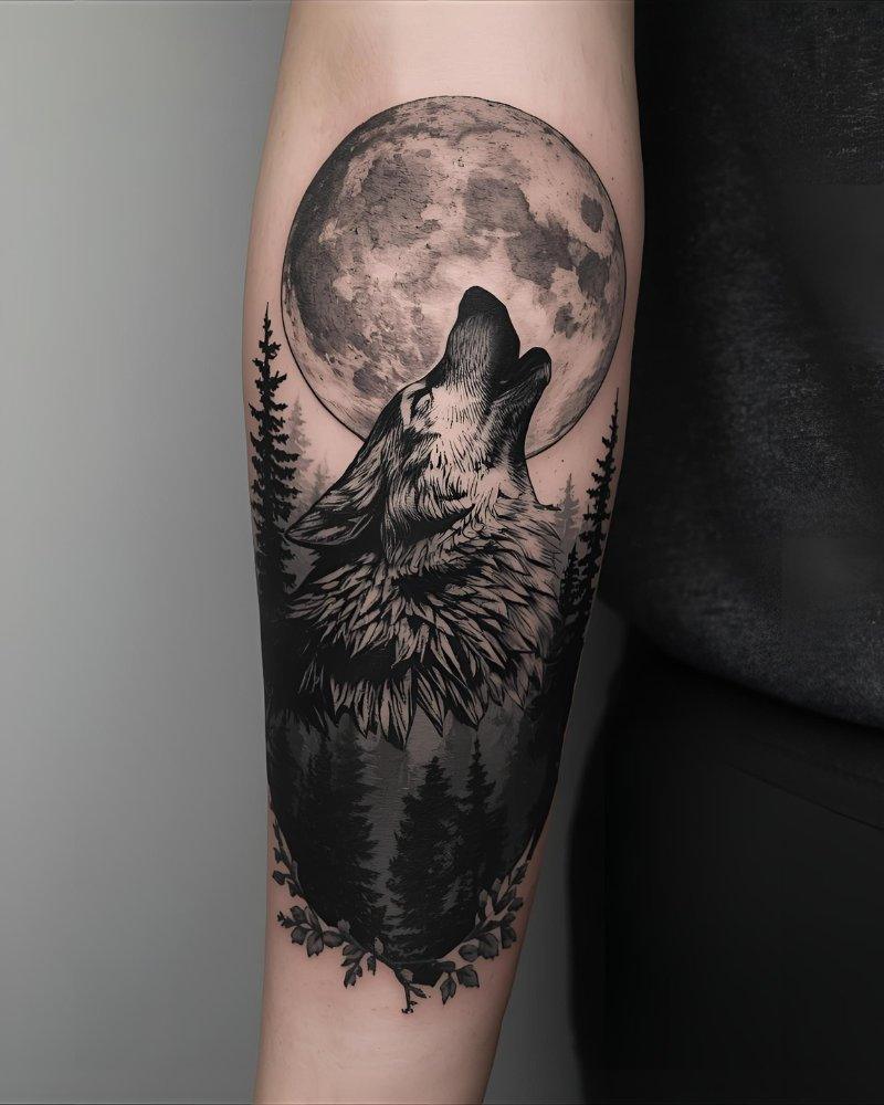 Tatuagem masculina no braço com lobo e lua.
