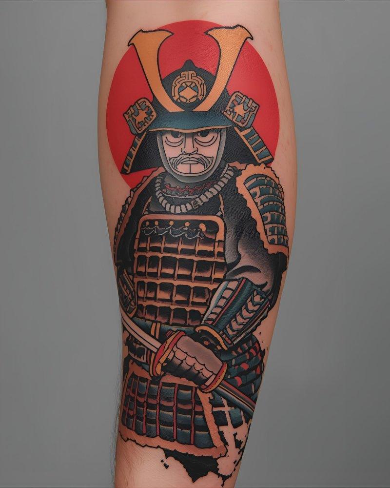 Tatuagem masculina no braço, de um samurai.