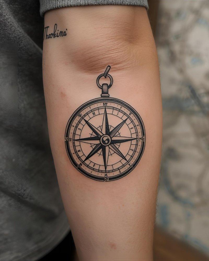 Tatuagem masculina no braço com bússola.