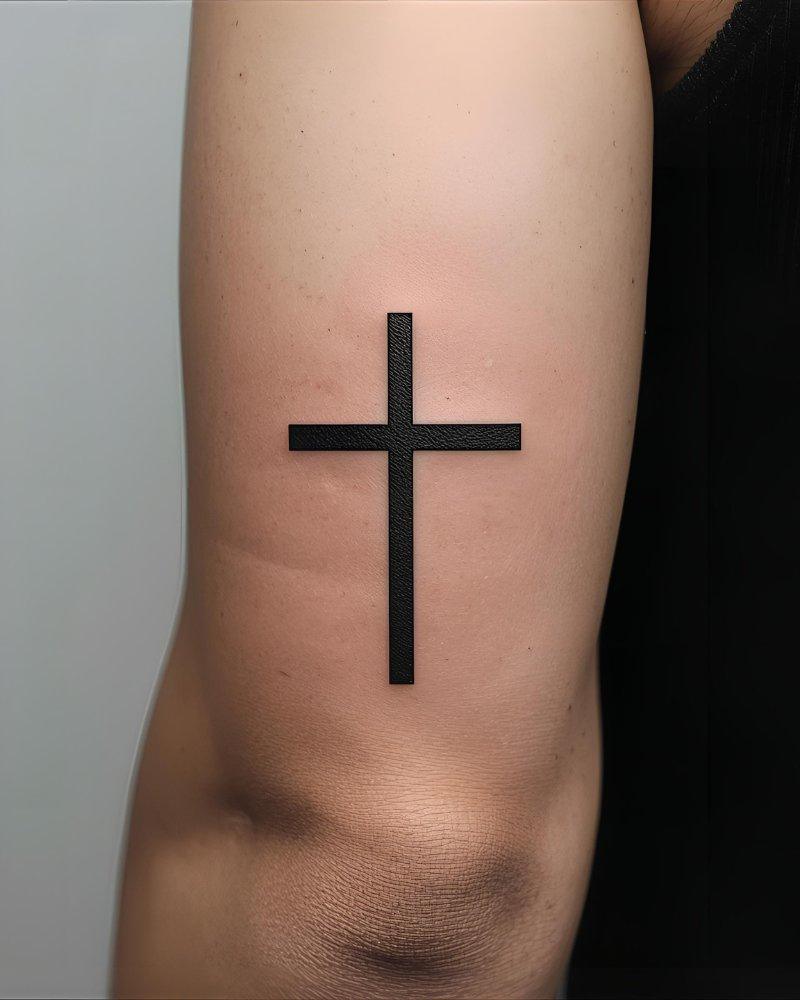 Tatuagem masculina no braço, uma cruz minimalista.