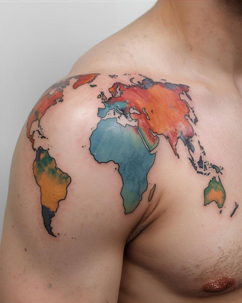 Tatuagem masculina no braço com um mapa mundi.