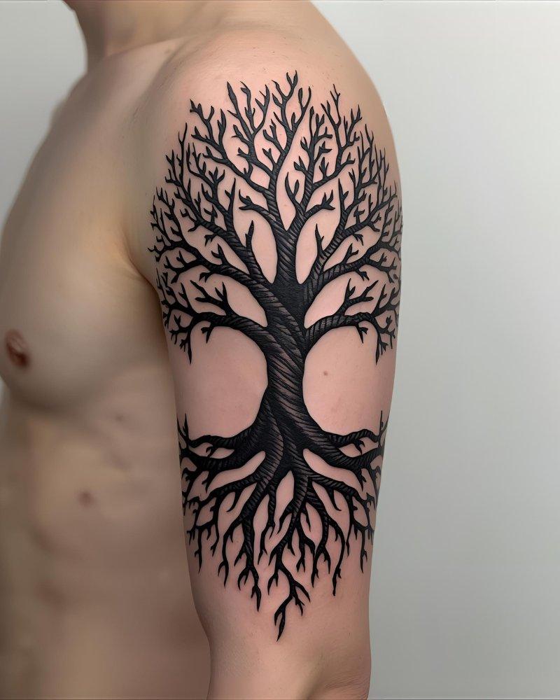 Tatuagem masculina no braço de uma árvore da vida.