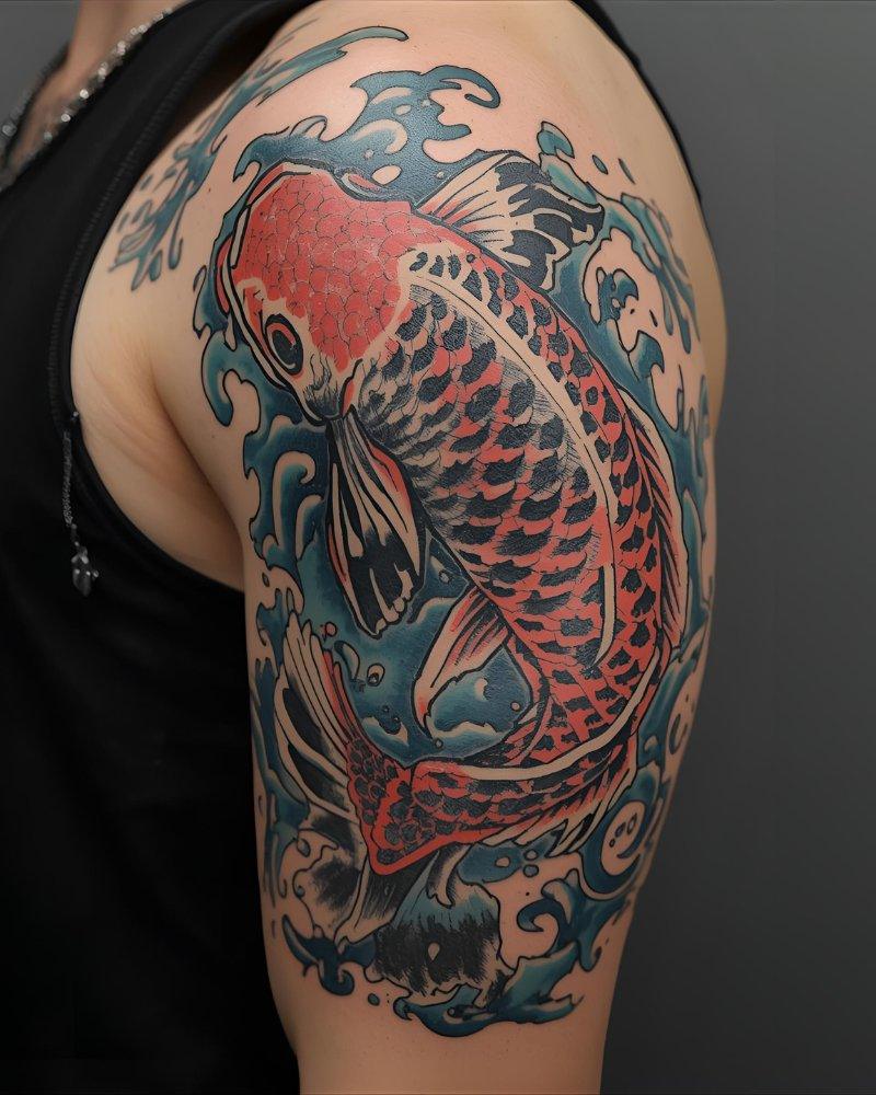 Tatuagem masculina no braço de um peixe koi.