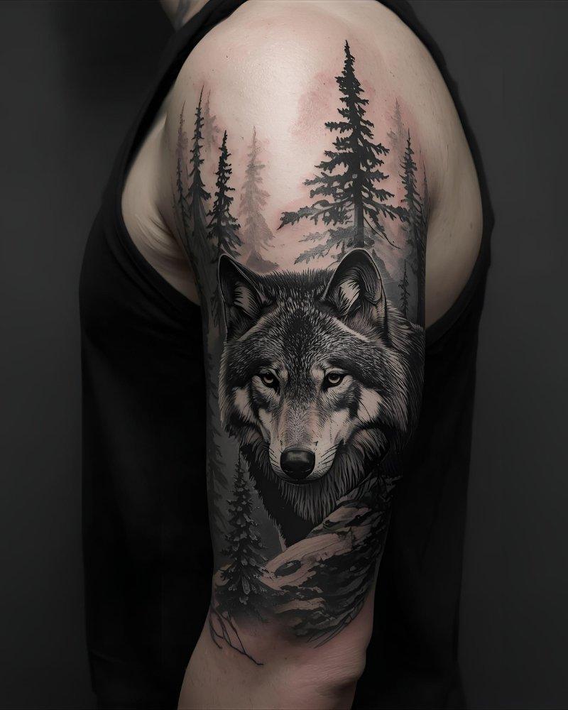 Tatuagem masculina no braço de um lobo.