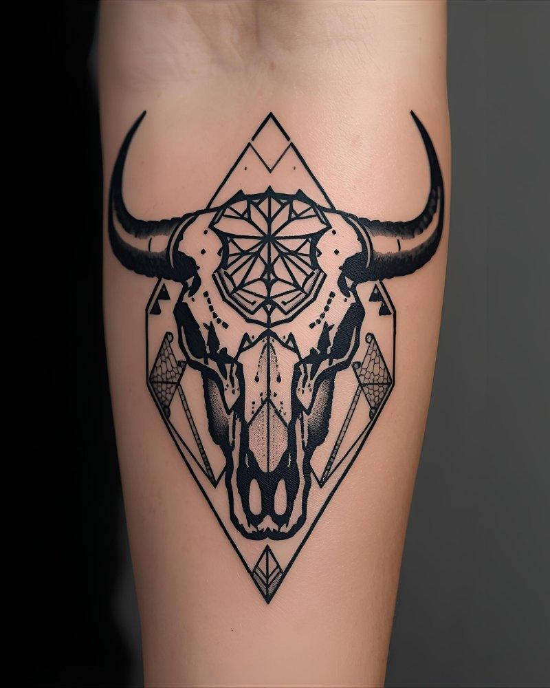 Tatuagem masculina no braço com crânio de búfalo.