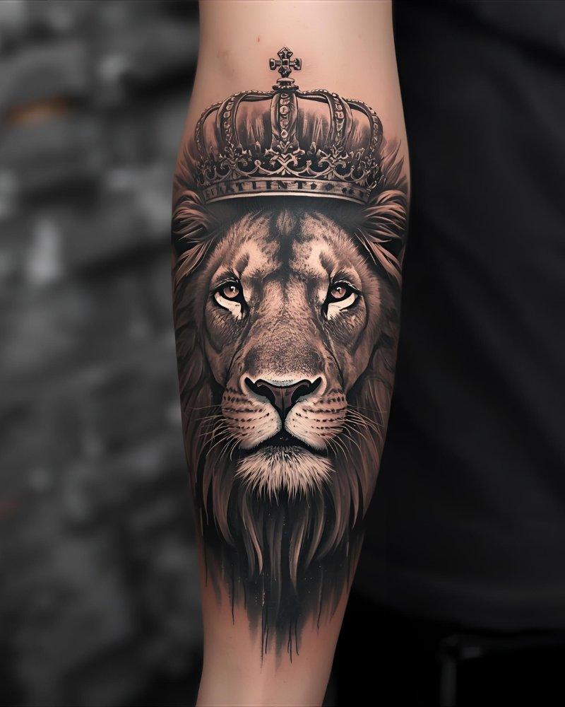 Tatuagem masculina no braço de um leão com coroa.