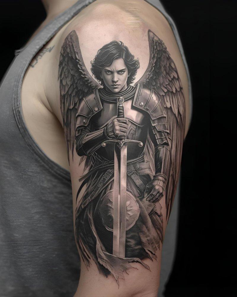 Tatuagem masculina no braço de um anjo guerreiro.