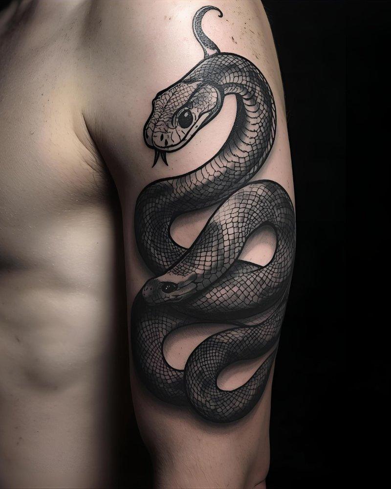 Tatuagem masculina no braço com serpente.
