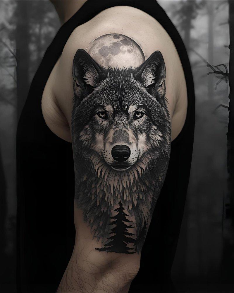 Tatuagem masculina no braço com lobo e lua.