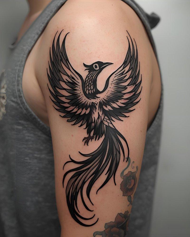 Tatuagem masculina no braço com fênix em ascensão.