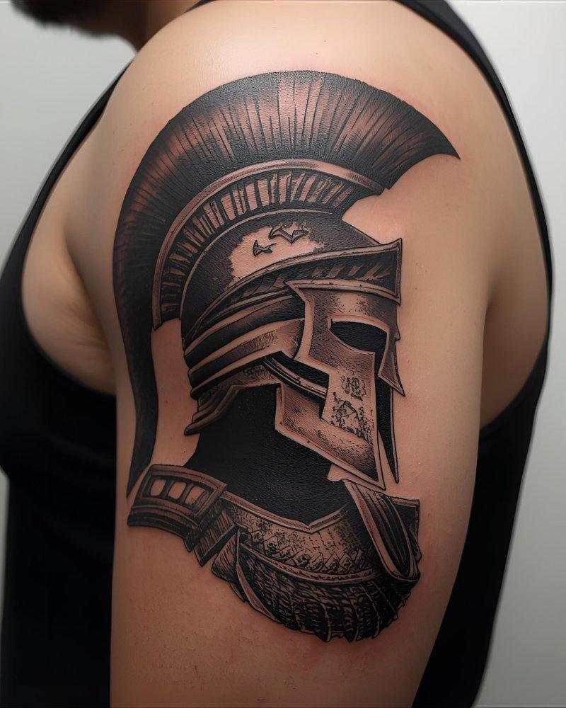 Tatuagem masculina no braço de guerreiro espartano.
