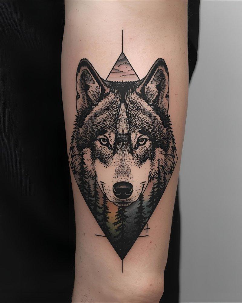 Tatuagem masculina no braço de lobo em paisagem.
