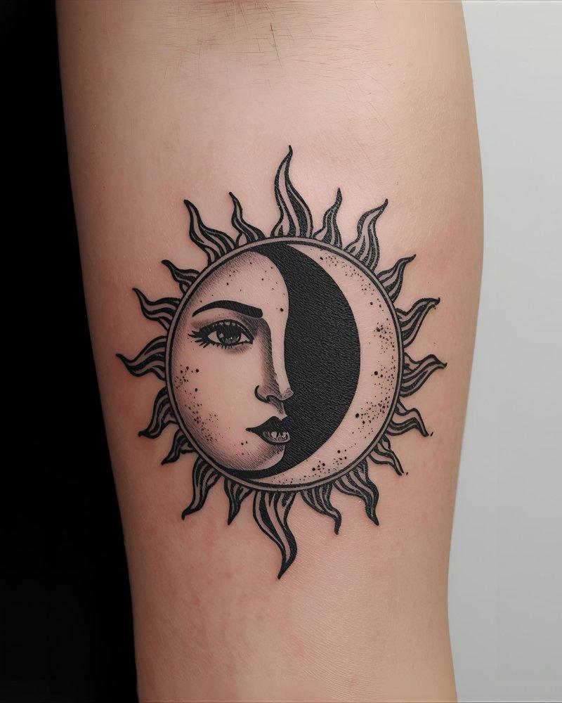 Tatuagem masculina no braço com sol e lua.