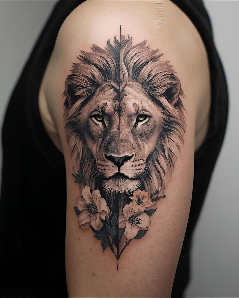 Tatuagem masculina no braço de leão com flores.