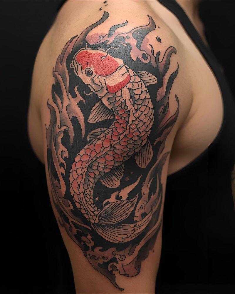 Tatuagem masculina no braço de peixe carpa.