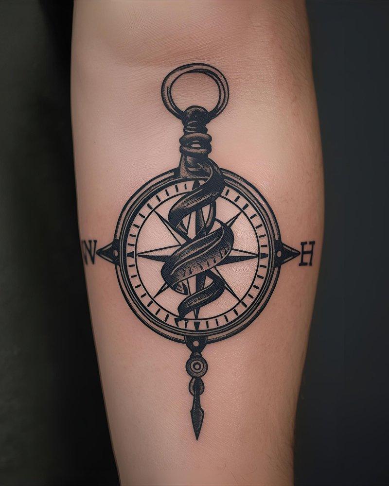 Tatuagem masculina no braço de bússola com cordas.