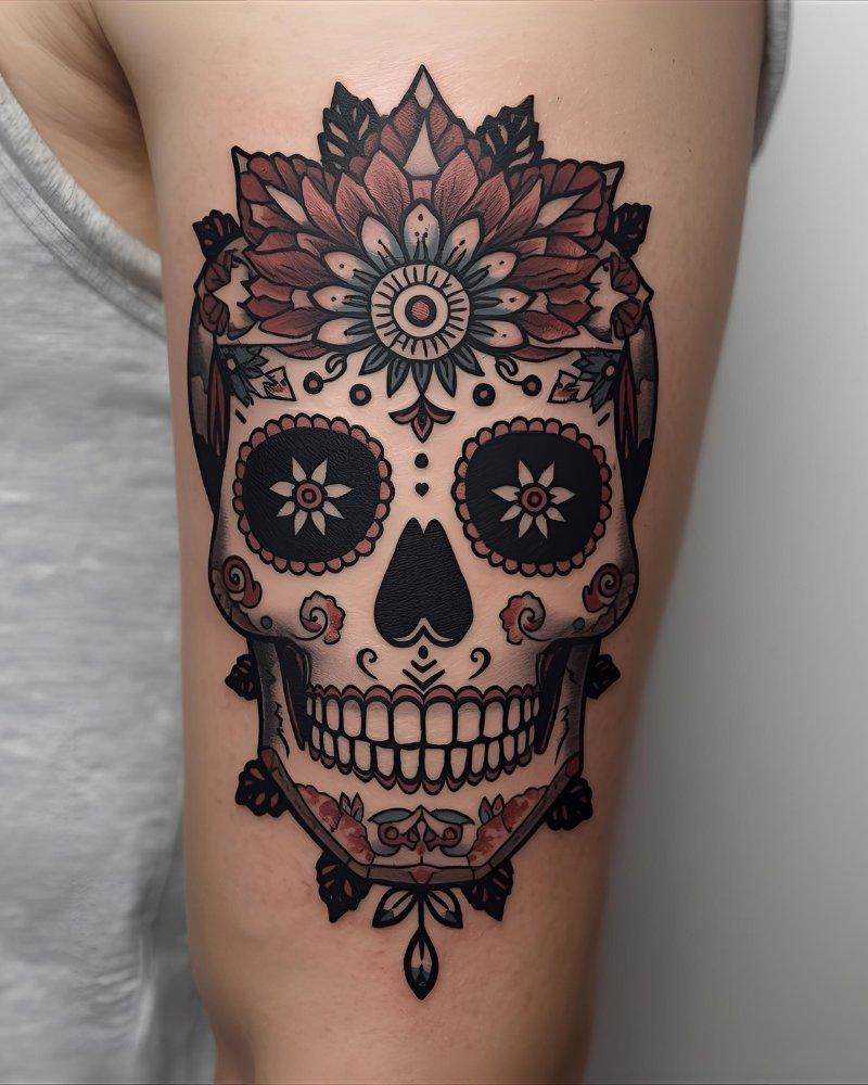 Tatuagem masculina no braço de caveira mexicana colorida.