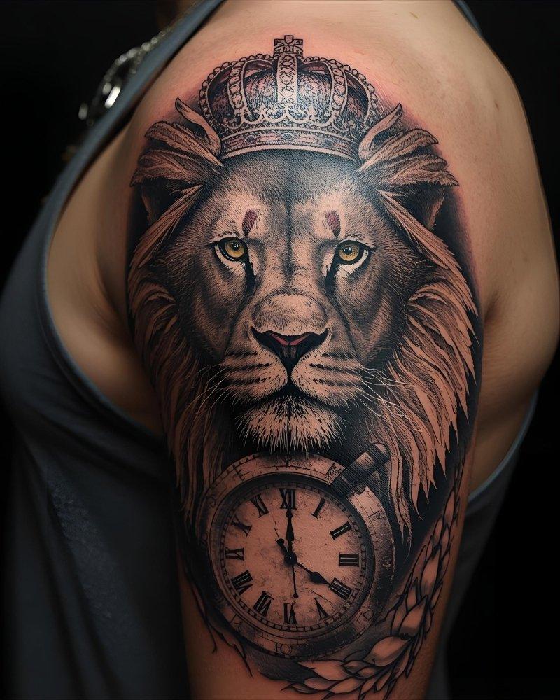 Tatuagem masculina no braço de leão com coroa e relógio.
