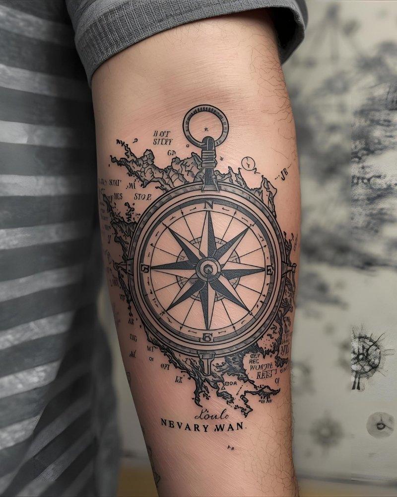 Tatuagem masculina no braço de bússola e mapa.