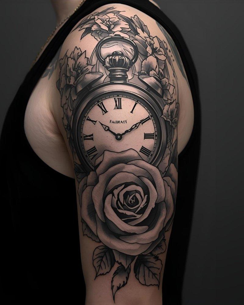 Tatuagem masculina no braço de relógio e rosa.