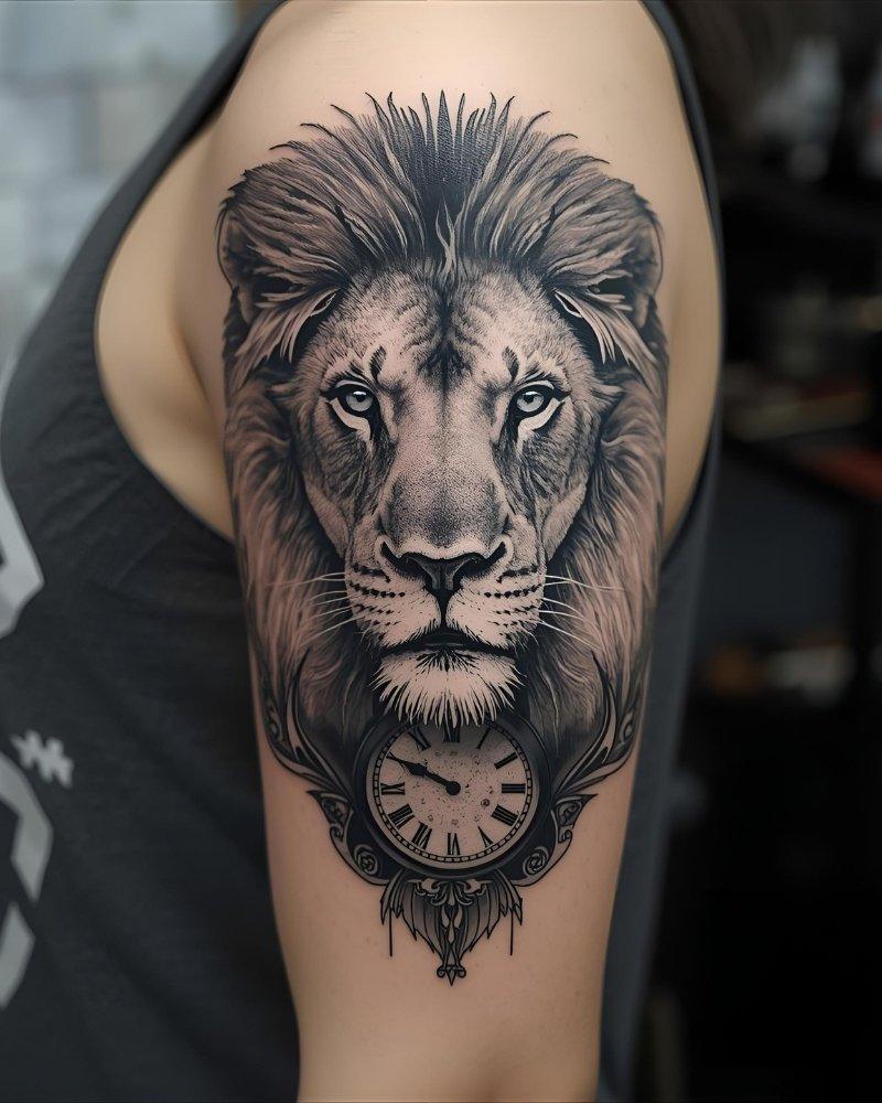 Tatuagem masculina no braço de leão com relógio.