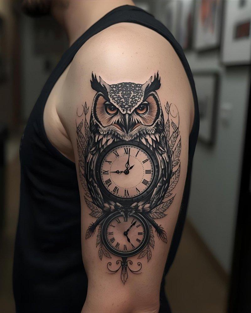 Tatuagem masculina no braço de coruja com relógio.