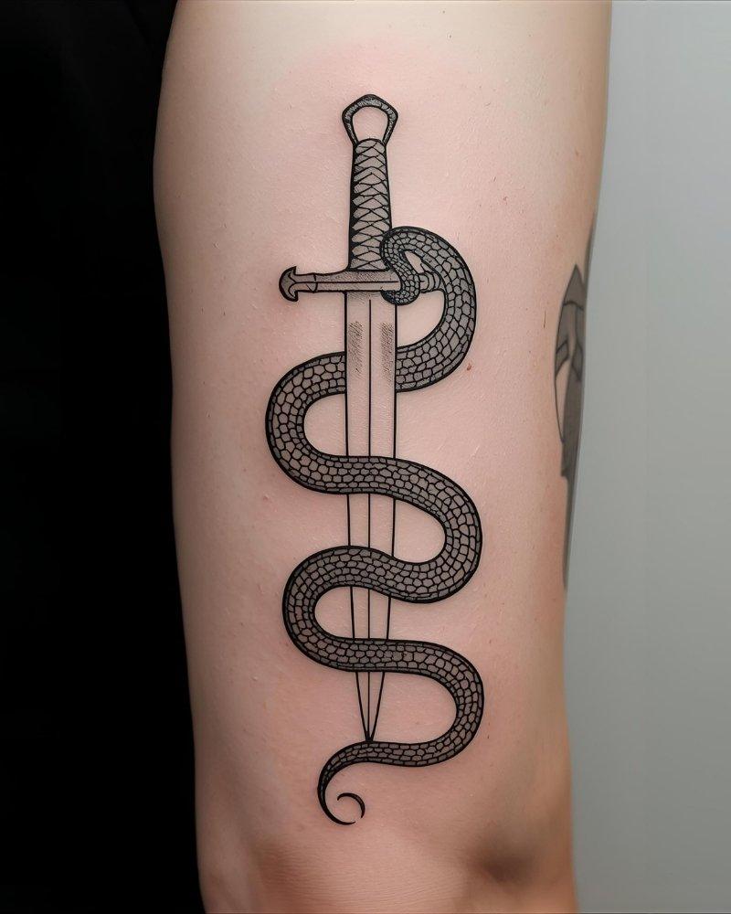 Tatuagem masculina no braço de cobra e adaga.
