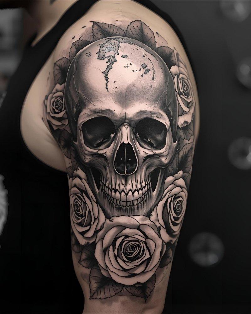 Tatuagem masculina no braço de crânio e rosas.
