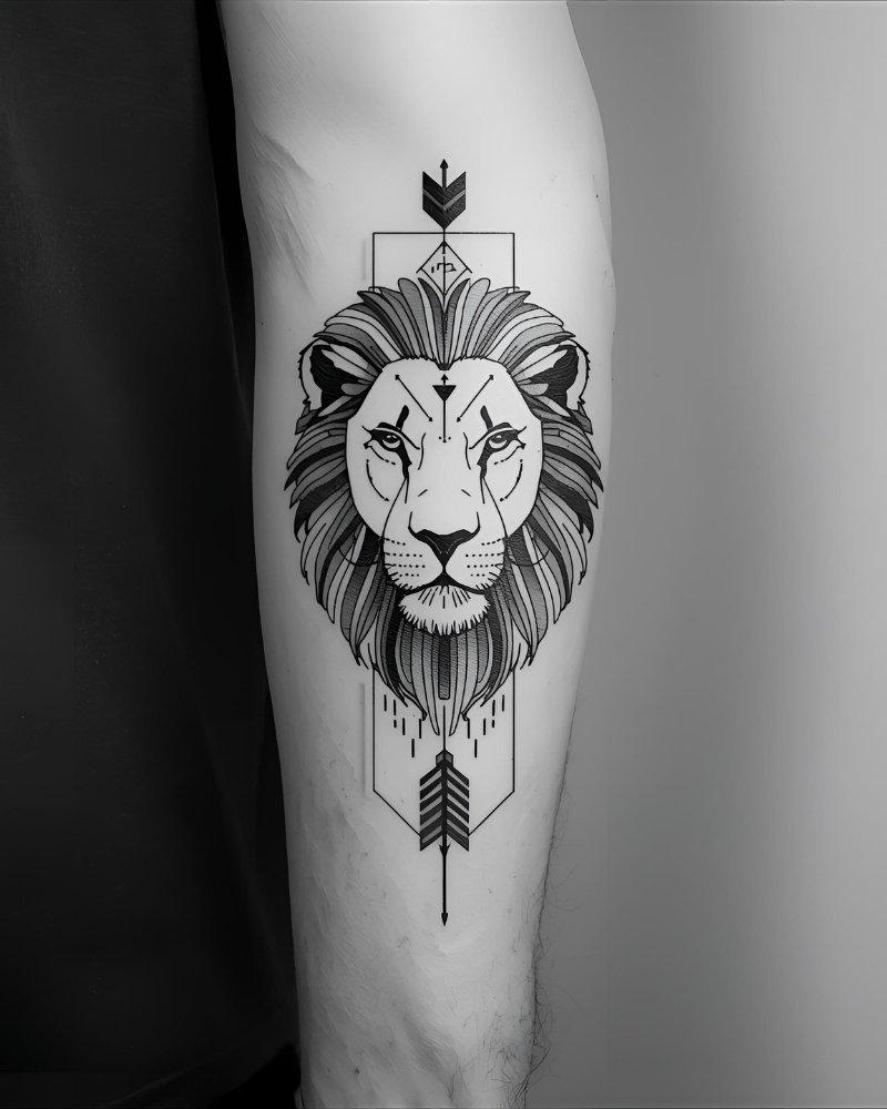 Tatuagem masculina no braço de leão com flecha.