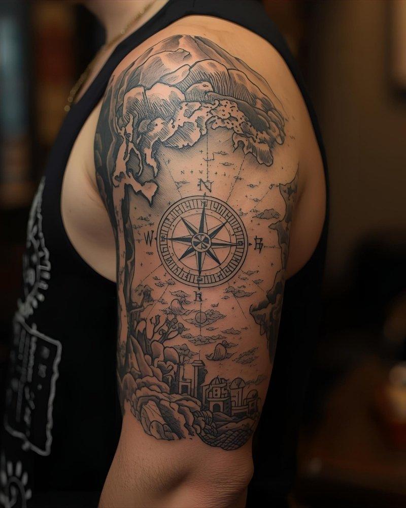Tatuagem masculina no braço de mapa e bússola.