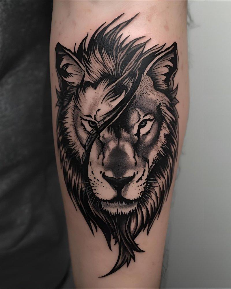Tatuagem masculina no braço de leão e lobo.
