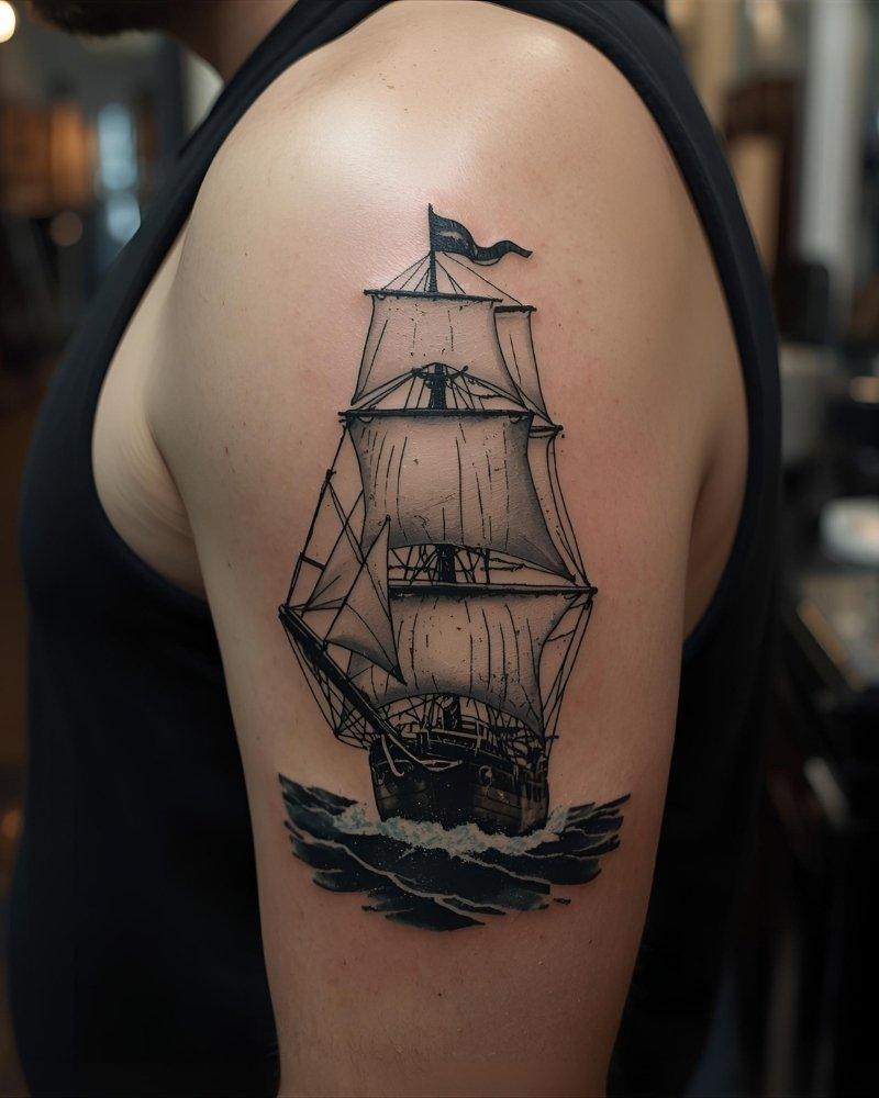Tatuagem masculina no braço de navio no mar.
