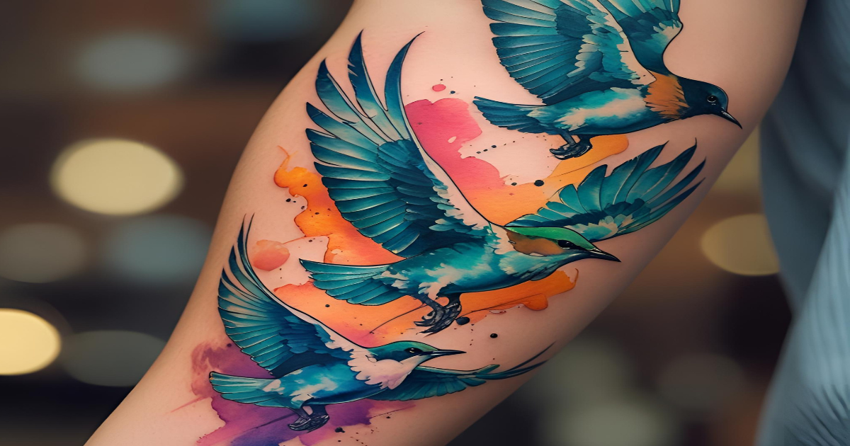 Close em tatuagem de pássaros voando no antebraço, estilo aquarela, fundo desfocado, cores vivas.