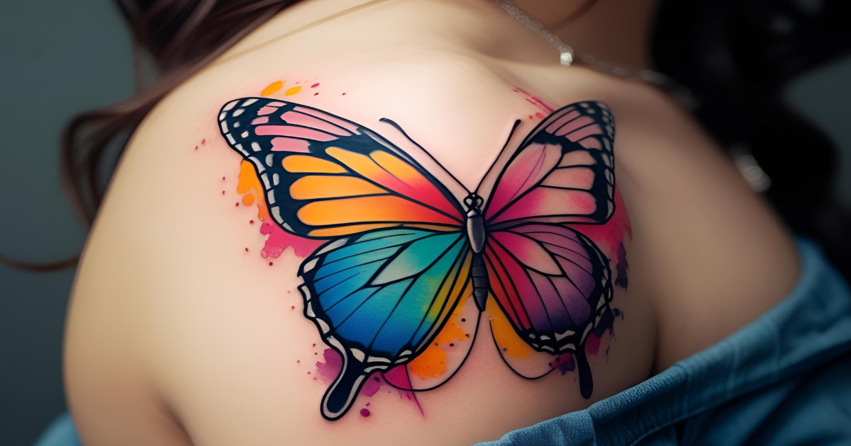 Tatuagem de borboleta colorida no ombro, estilo fine line com detalhes em aquarela, iluminação suave, foco no desenho.